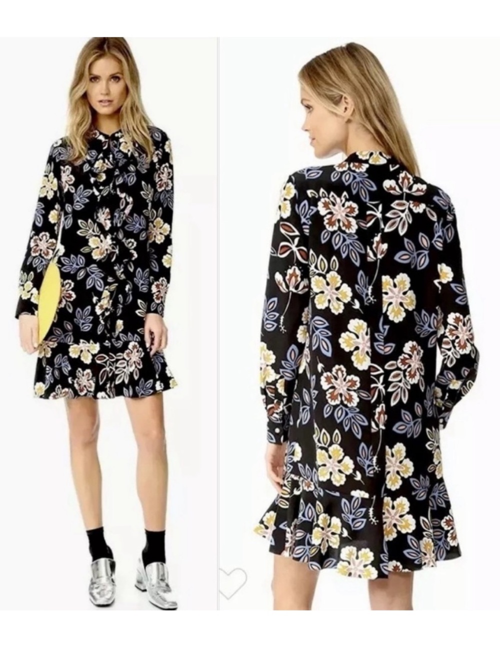 Tory Burch Black Floral Long-Sleeve Ruffle Silk Shirtdress size 6
